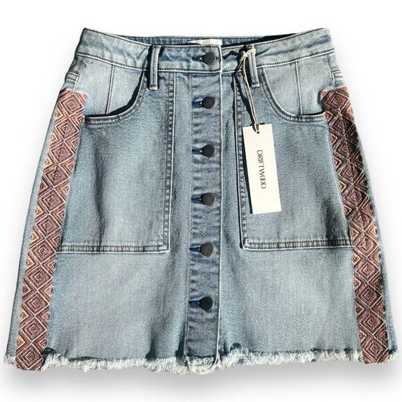 Driftwood - Button Front Raw Hem Boho Denim Mini Skirt - Size 26 with Pockets - Picture 1 of 11